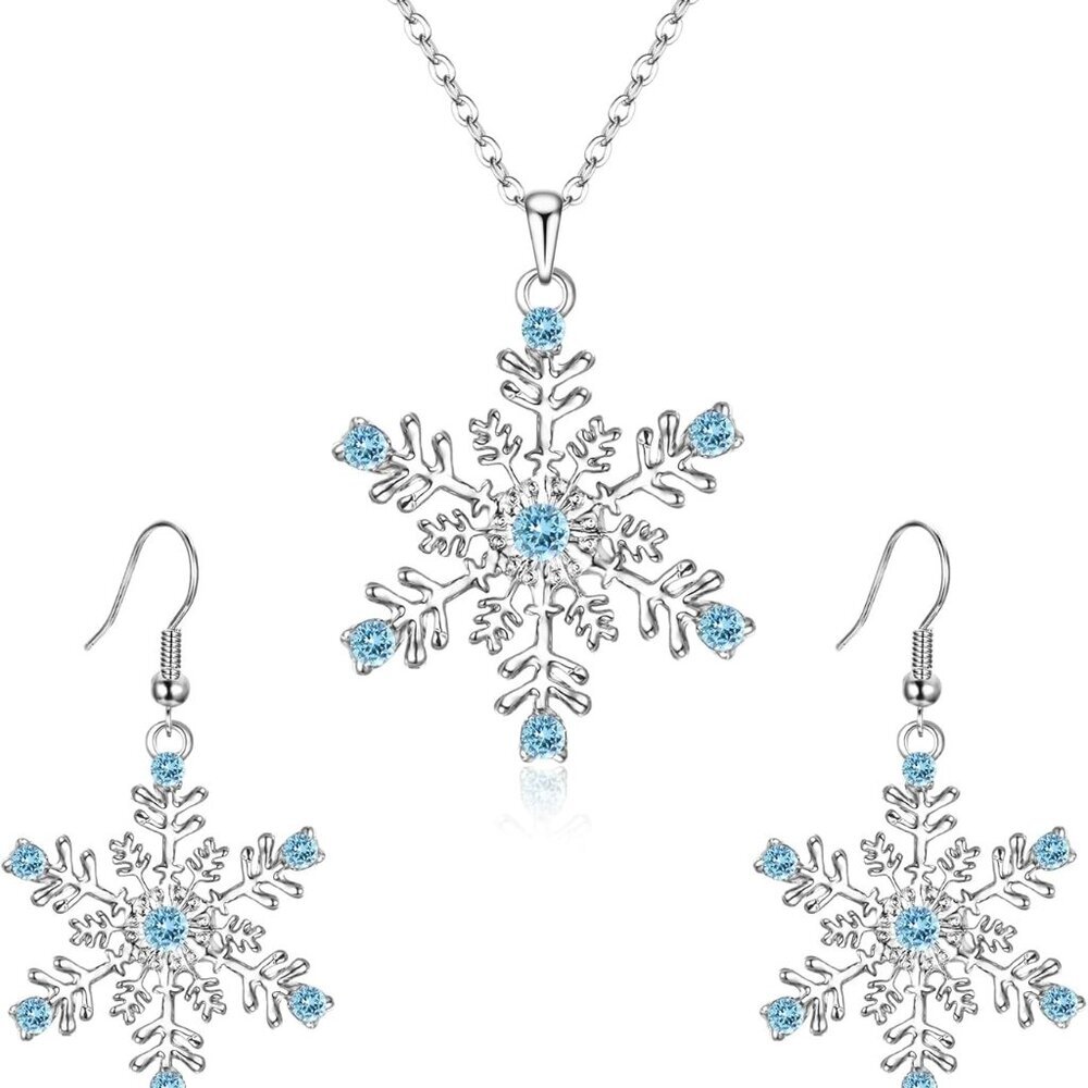 Austrian Crystal Snowflake Flower Pendant Necklace Earrings Set